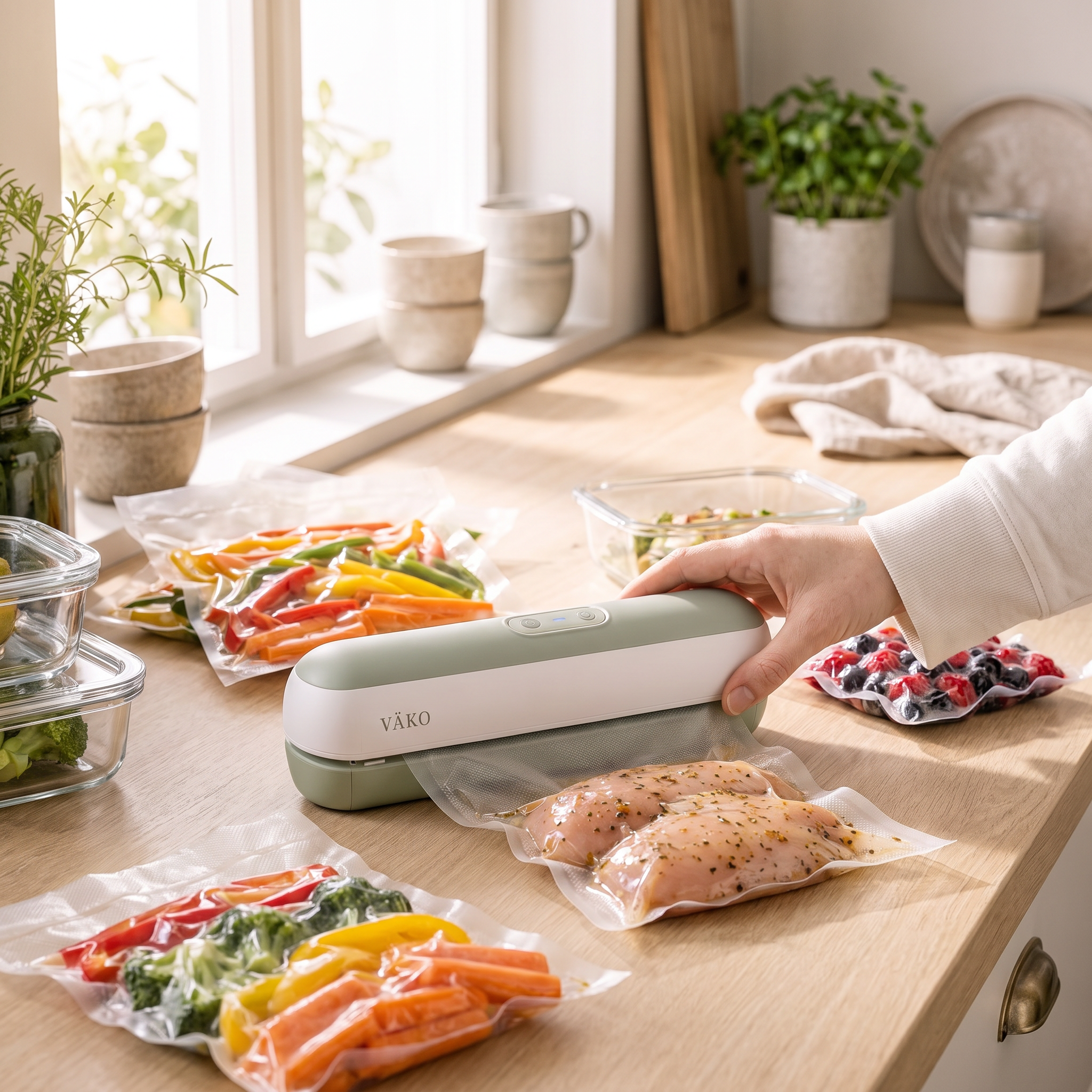 Scène meal prep avec aliments sous vide et scelleuse VÄKO