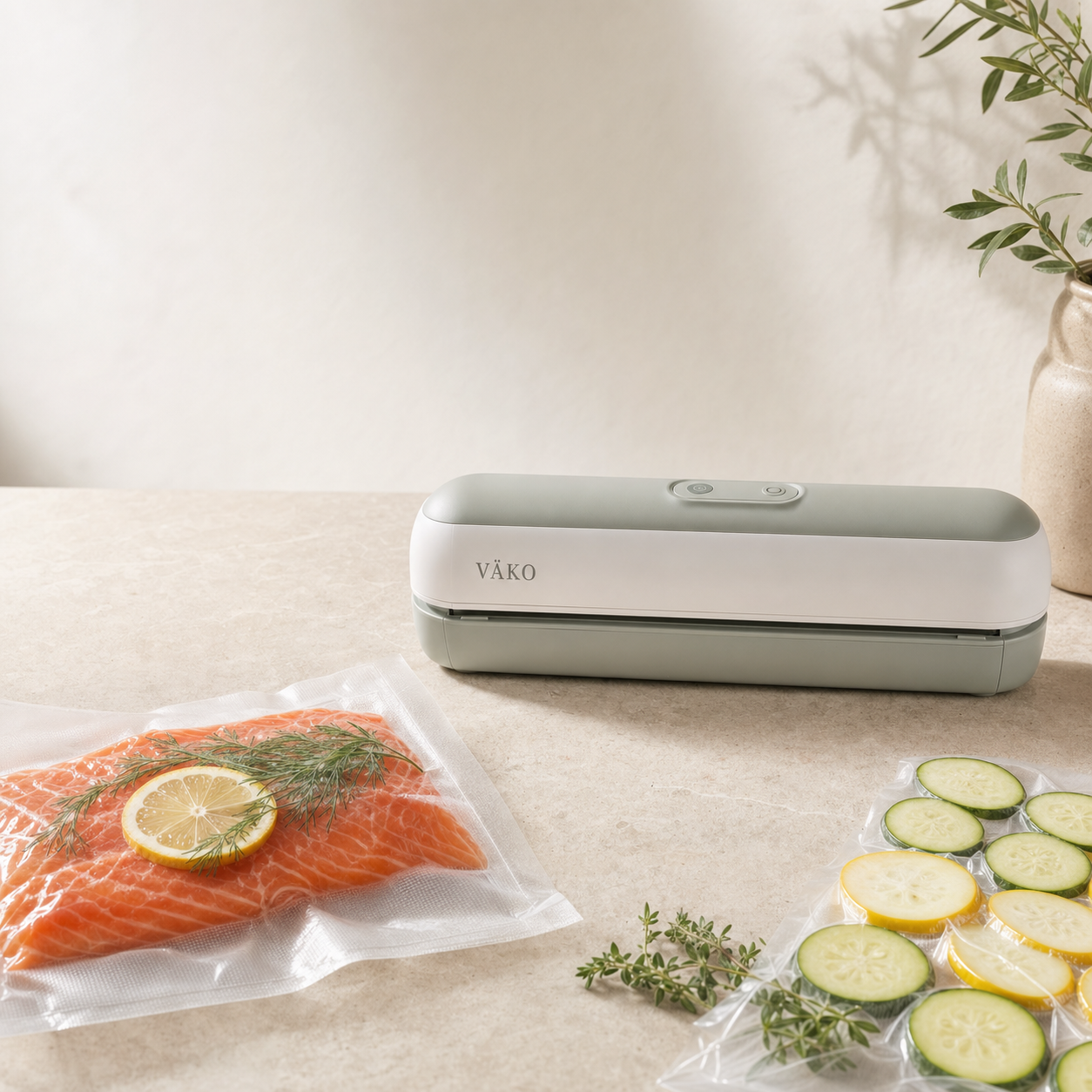 Scelleuse à vide VÄKO avec aliments conservés sous vide